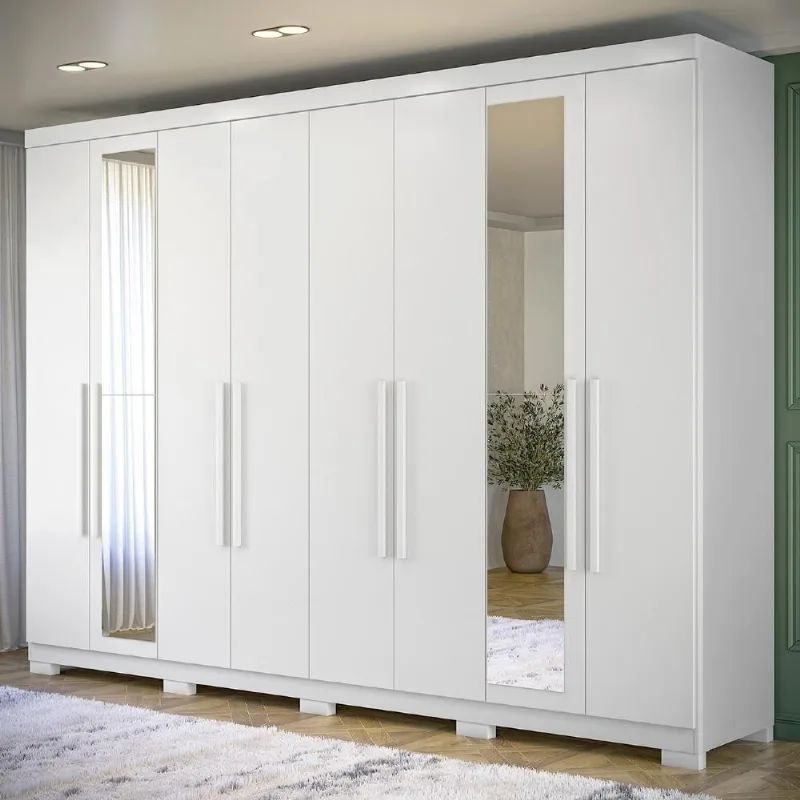 Guarda Roupa Casal Vortex S01 8 Portas de Bater 4 Gavetas MDP com Espelho Branco Mpozenato 239CM