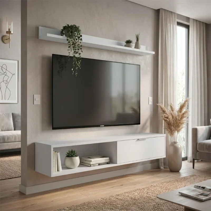 Rack Tv Suspenso Z49 55 Pol 136CM MDP Porta Basculante Lila Off White Mpozenato
