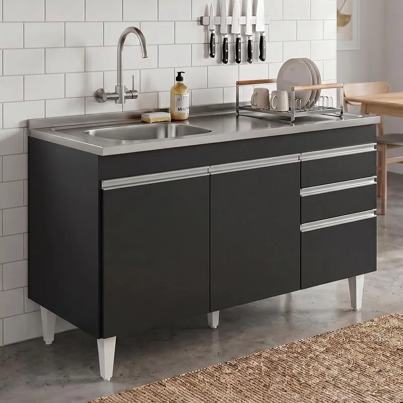 Balcão De Cozinha Ávila 3 Portas 1 Prateleira Mdp 120cm Preto Mpozenato Com Pia Inox