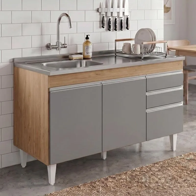 Balcão De Cozinha Ávila Com 3 Portas Mdp 120cm Castanho-cinza Com Pia Inox Mpozenato