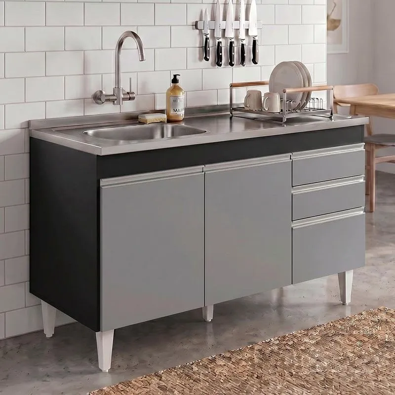 Balcão De Cozinha Ávila 3 Portas 1 Prateleira MDP 120cm Preto Cinza MPOZENATO