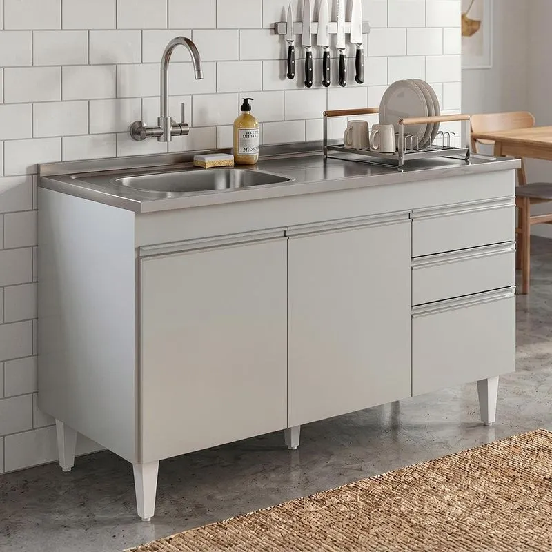 Balcão De Cozinha Com Pia Inox Deslocada 120cm Ávila Cinza Claro L03 - Mpozenato