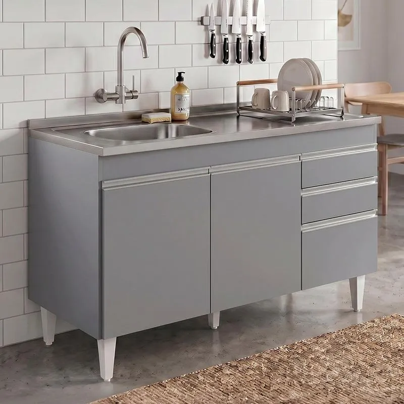 Balcão De Cozinha Ávila Com 2 Portas Em Mdp 120cm Cinza Com Pia Inox Mpozenato