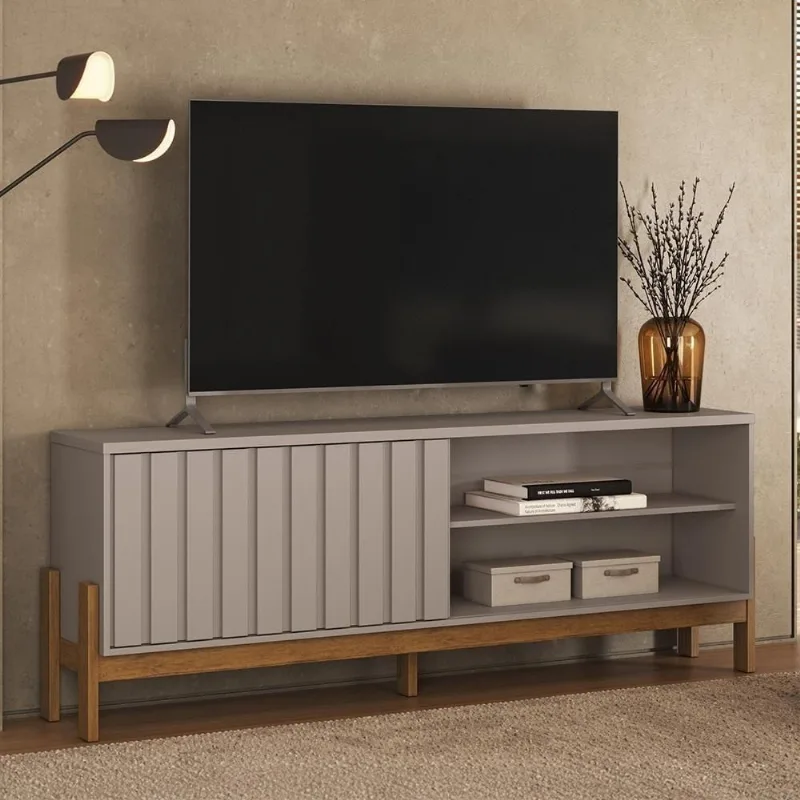 Rack TV Z30 75" 188CM MDP Porta de Correr Grigio Fosco e Canela Mpozenato