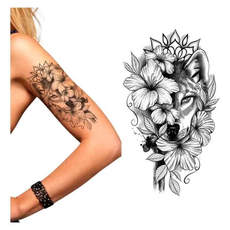 2x Tatuagem Falsa Feminina Temporária Realista - Raposa Flor