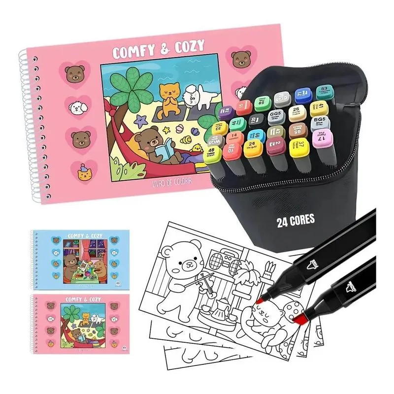 5x Kit 1 Livro De Colorir Comfy E Cozy 96 Páginas + 24 Canet