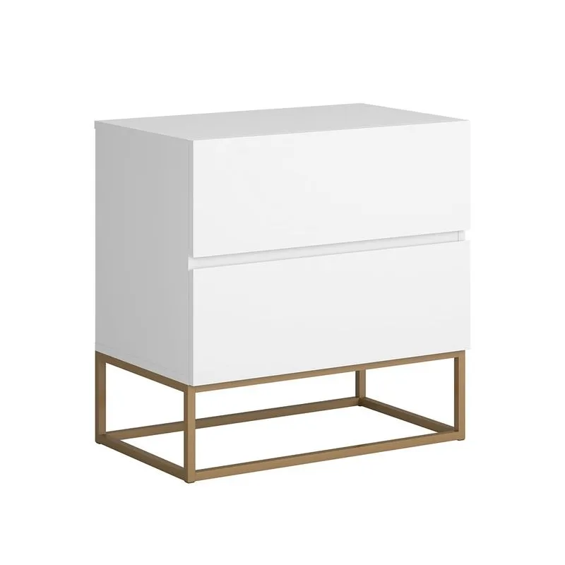Mesa de Cabeceira Eros 45 Branco estilo industrial 2 Gavetas Base Dourado
