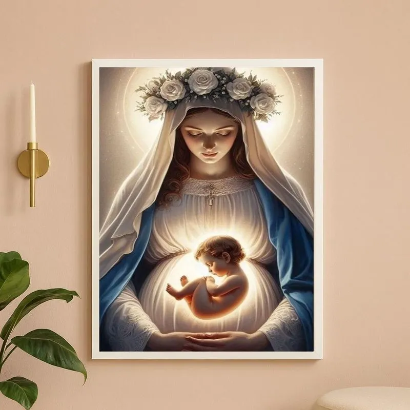 Quadro Religioso Católico Virgem Maria Gestante 33x24cm - Com Vidro