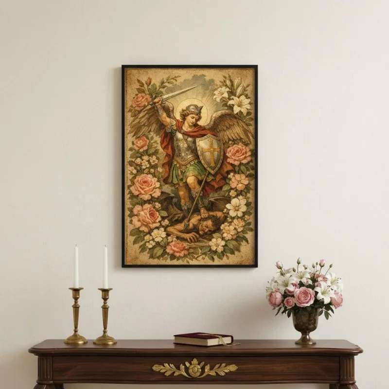 Quadr São Miguel Arcanjo Vintage Flores 70x50cm Mold Branca