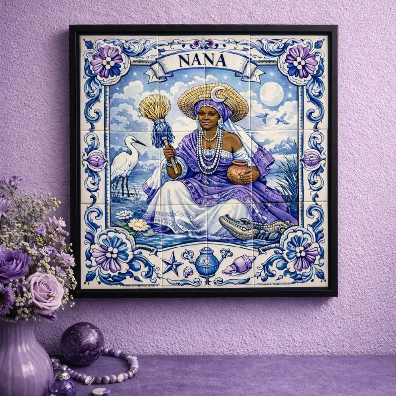 Quadro Estilo Azulejo Nanã 33x33cm Mold Preta Vidro
