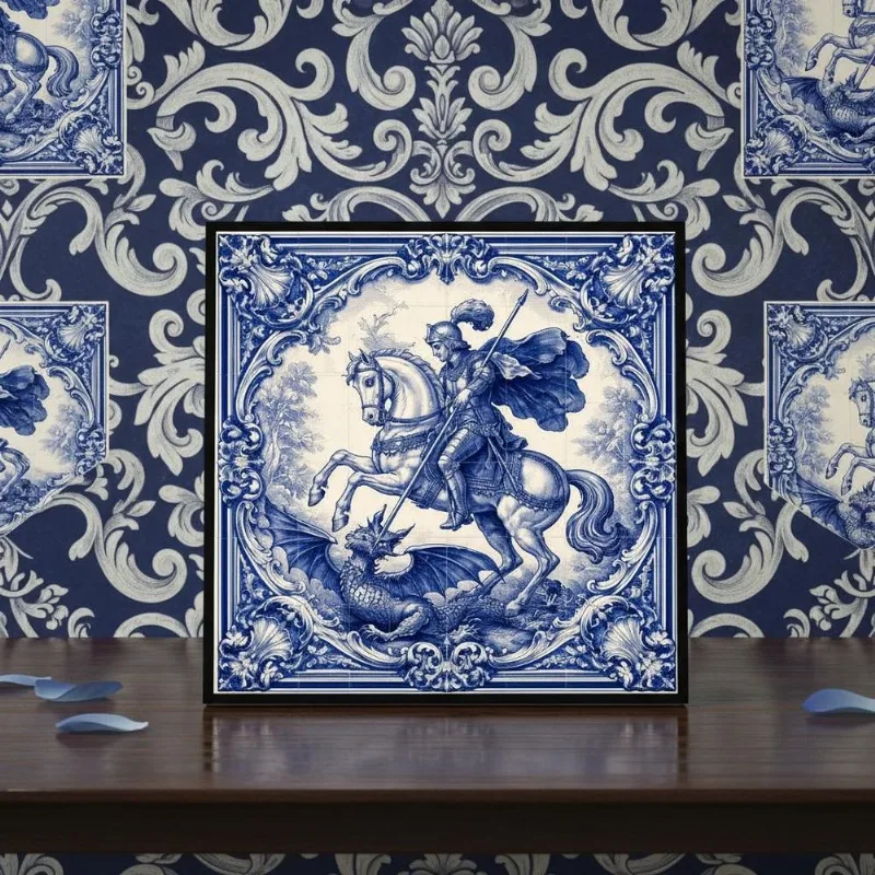 Quadro Estilo Azulejo São Jorge 33x33cm Mold Preta