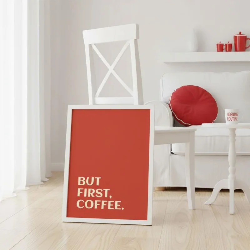 Quadro Minimal First Coffee Red 24x18cm Mold Preta