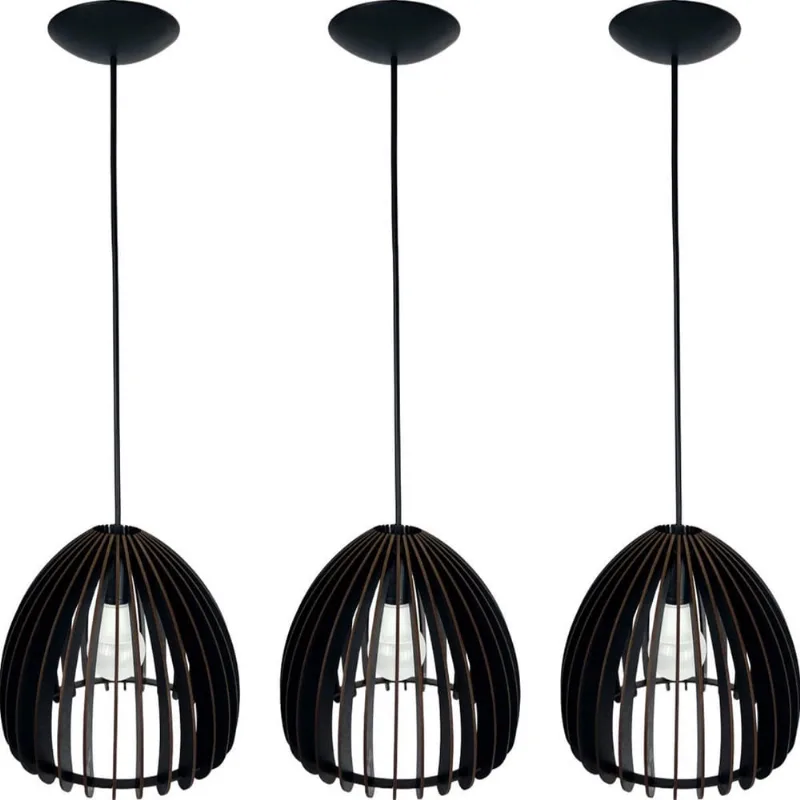 Kit 3 Pendente Lustre Luminaria Teto Mdf Bali Cor Preto