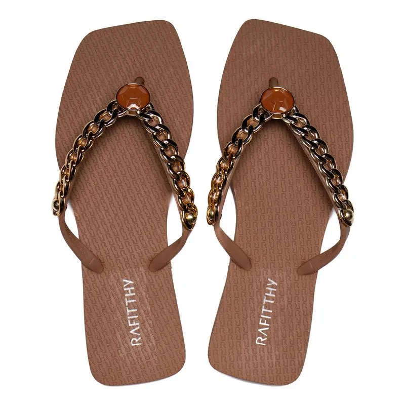 Chinelo Feminino Rafitthy Luxurious Tiras Marrom/Dourado - 38