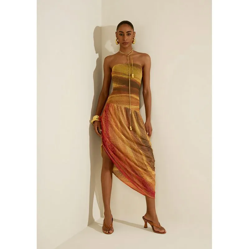 Vestido Morena Rosa Ajustado Decote Reto Sem Manga Longo Laranja/Amarelo M