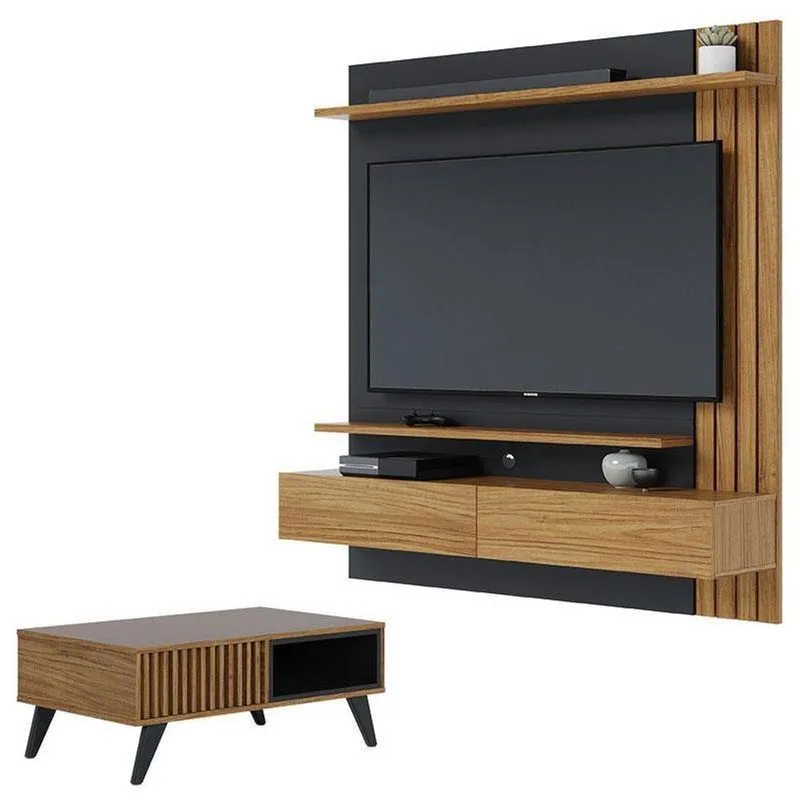 Painel Para Tv Home Suspenso Juriti 1.5 Com Mesa De Centro Jeri Noce Milano Preto Acetinado - Colibri