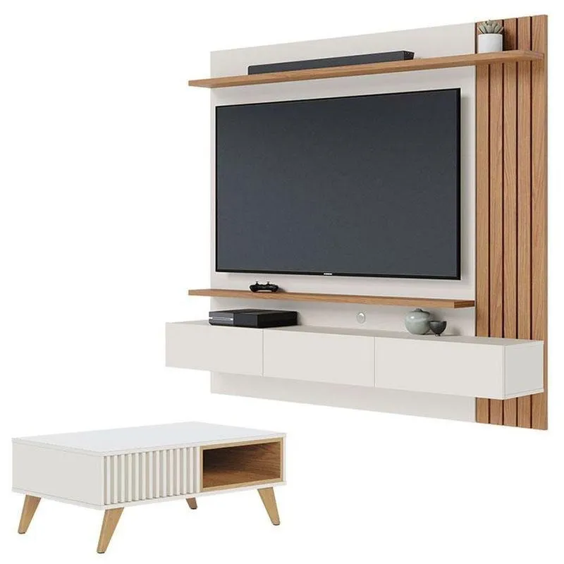 Painel Para Tv Home Suspenso Juriti 1.8 Off White Matte Freijó Com Mesa De Centro Jeri Off White Freijó - Colibri