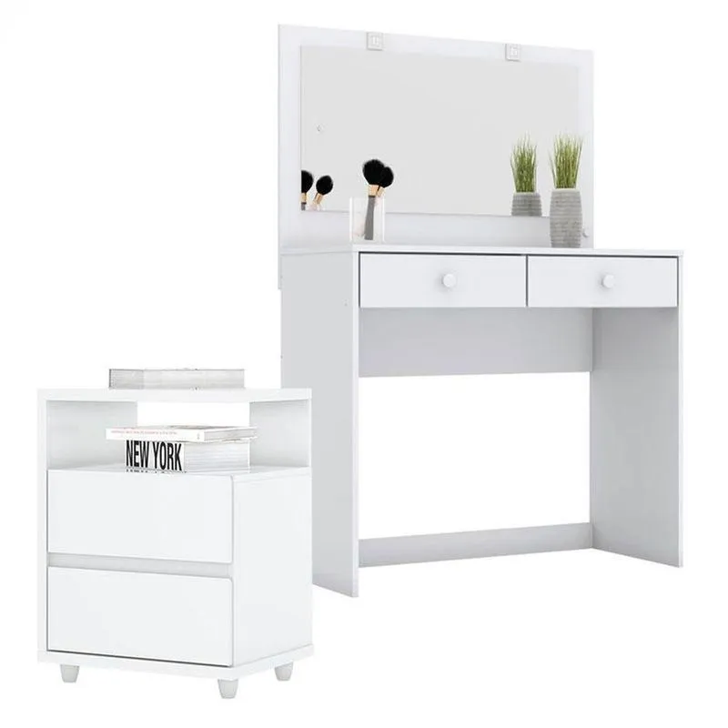 Penteadeira Daila Com Led E Mesa De Cabeceira Campeche Branco - Henn