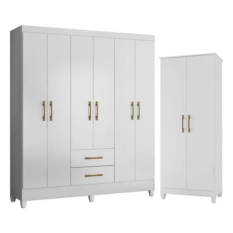 Guarda Roupa Casal Panamá E Armário Multiuso Jade Branco Brilho - Moval