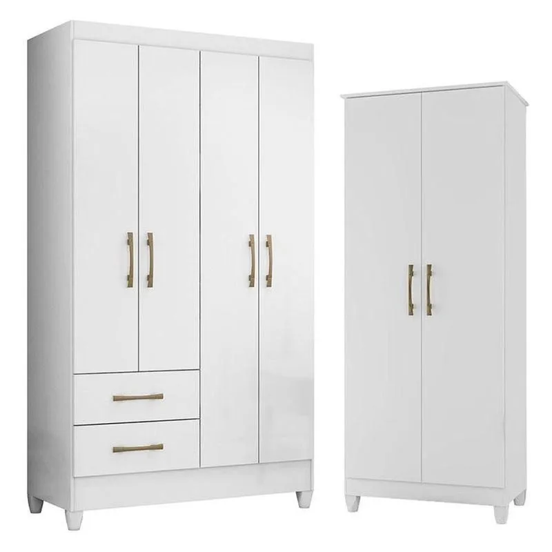 Guarda Roupa Solteiro Chile E Armário Multiuso Jade Branco Brilho - Moval