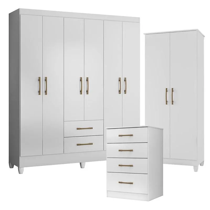 Guarda Roupa Casal Panamá com Cômoda MS913 e Armário Multiuso Jade Branco Brilho – Moval