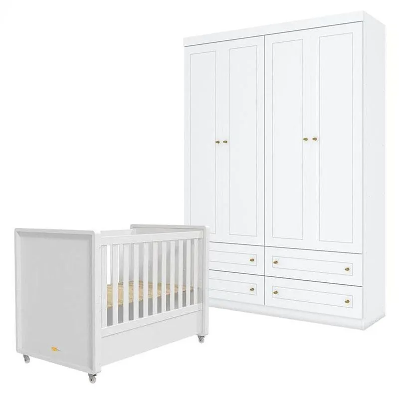 Berço Tutto New E Guarda Roupa 4 Portas Americano Branco Fosco - Matic