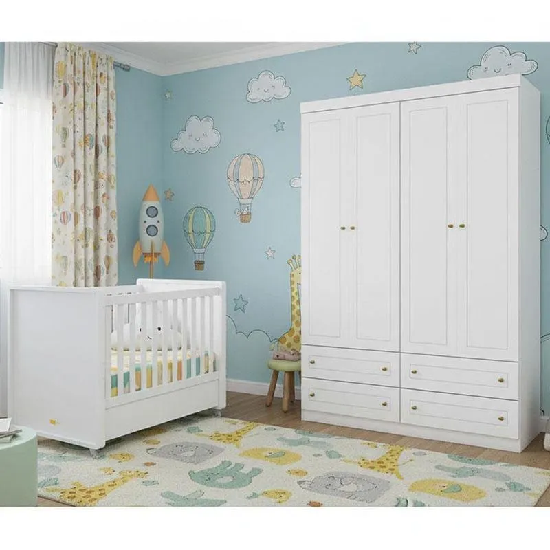 Berço Tutto New E Guarda Roupa 4 Portas Americano Ambiente Branco Fosco - Matic