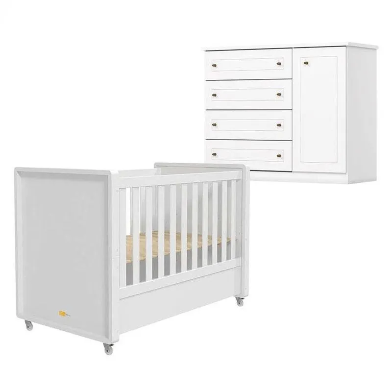 Berço Tutto New E Cômoda Infantil Americano Branco Fosco - Matic