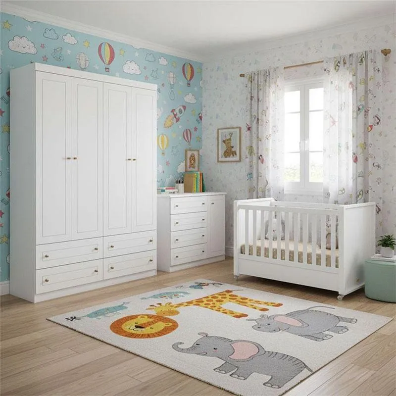 Quarto Infantil 4 Portas Americano Com Berço Tutto New Ambiente Branco Fosco - Matic