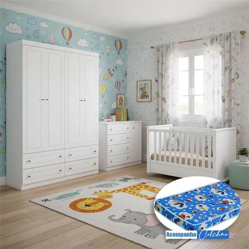 Quarto Infantil 4 Portas Americano Com Berço Tutto New Ambiente Branco Fosco E Colchão Ortobom - Matic