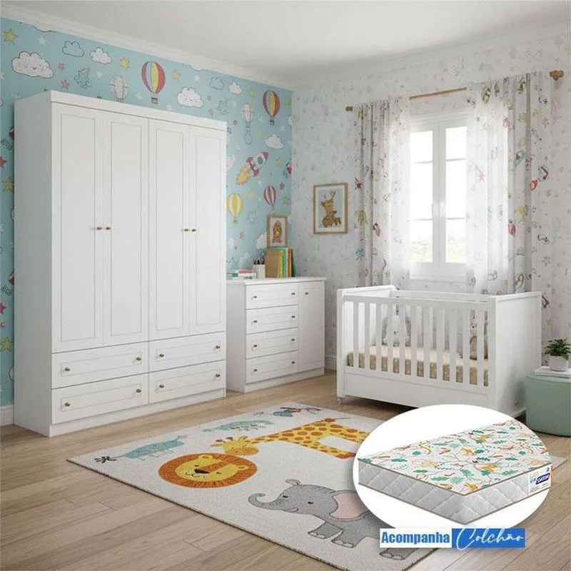 Quarto Infantil 4 Portas Americano Com Berço Tutto New Ambiente Branco Fosco E Colchão Gazin - Matic