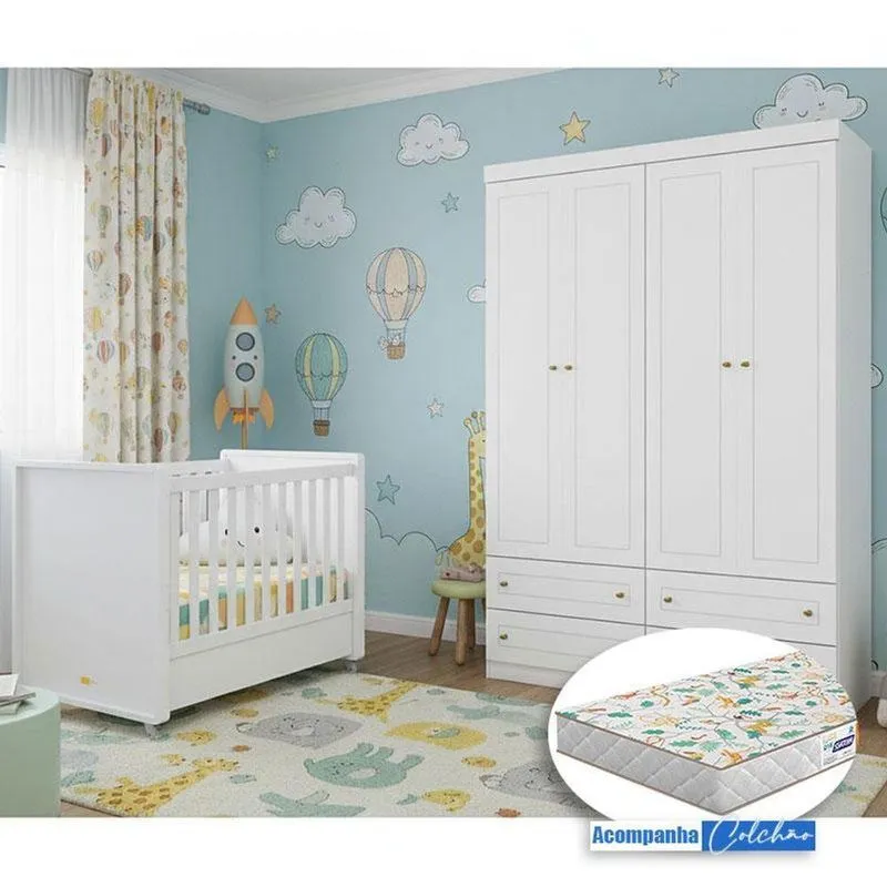 Berço Tutto New E Guarda Roupa Infantil Americano Ambiente 4 Portas Branco Fosco Com Colchão Gazin - Matic