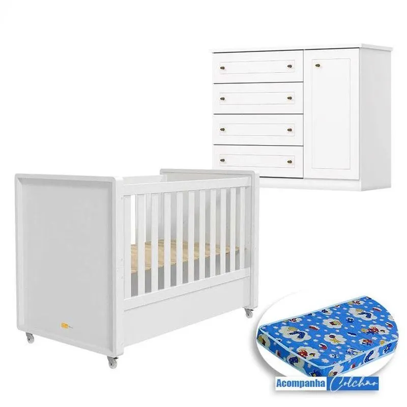 Berço Tutto New E Cômoda Infantil Americano Branco Fosco Com Colchão Ortobom - Matic