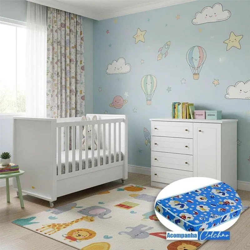 Berço Tutto New E Cômoda Infantil Americano Ambiente Branco Fosco Com Colchão Ortobom - Matic