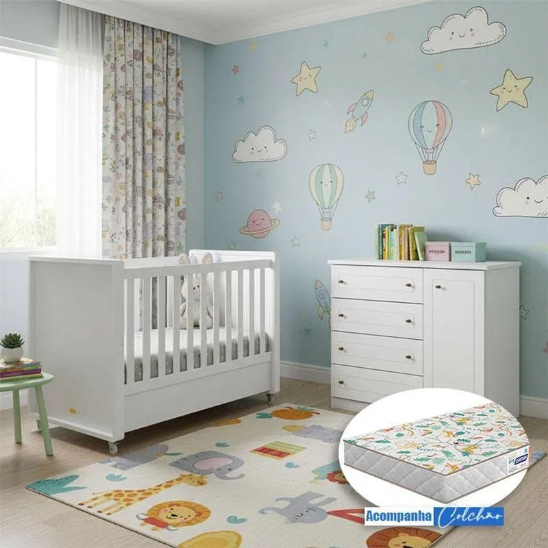 Berço Tutto New E Cômoda Infantil Americano Ambiente Branco Fosco Com Colchão Gazin - Matic