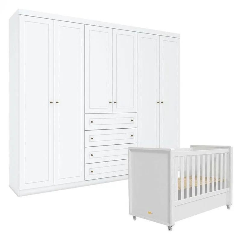 Berço Tutto New E Guarda Roupa Americano 6 Portas Branco Fosco - Matic