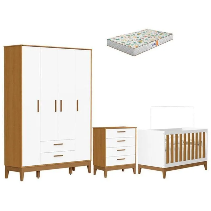 Quarto De Bebê Flip Guarda Roupa 4 Portas Branco Acetinado Savana Com Colchão Gazin - Reller