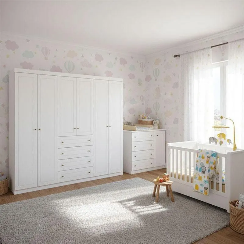 Quarto Infantil Americano 6 Portas Ambiente Com Berço Tutto New Branco Fosco - Henn