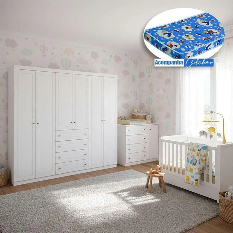 Quarto Infantil Americano 6 Portas Ambiente Com Berço Tutto New Branco Fosco E Colchão Ortobom - Henn