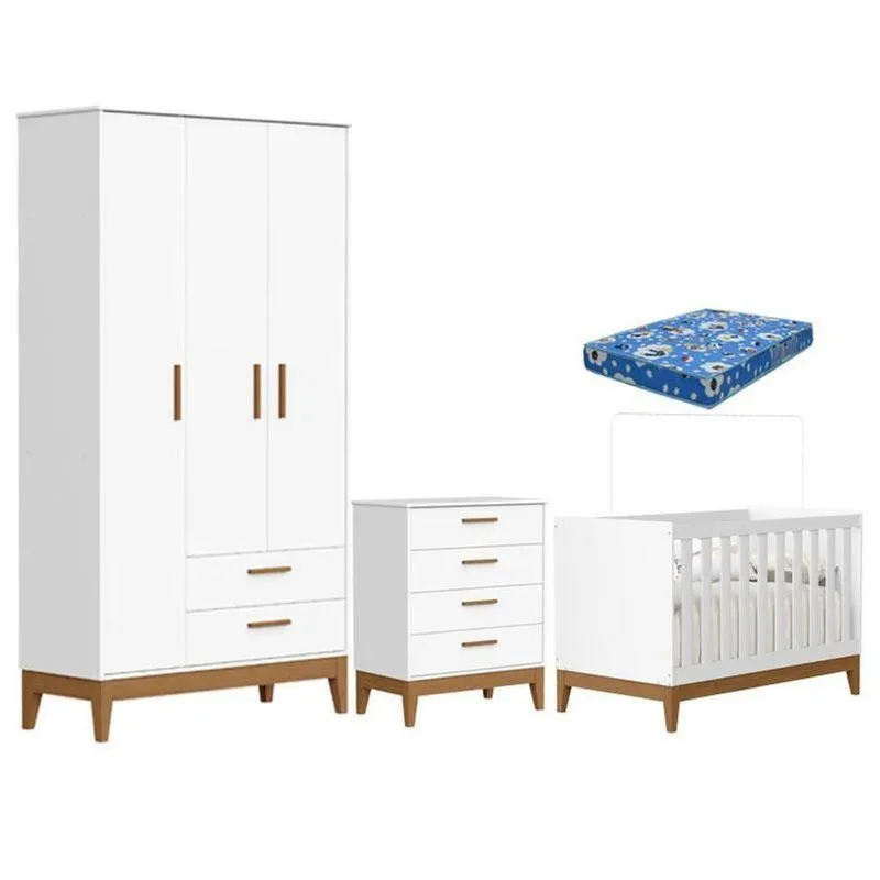 Quarto De Bebê Flip Com Cômoda Gaveteiro Branco Acetinado Com Colchão Ortobom Reller