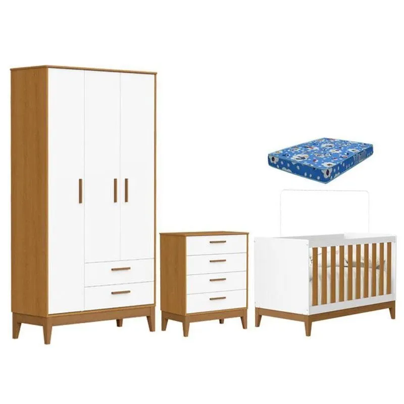 Quarto De Bebê Flip Com Cômoda Gaveteiro Branco Acetinado Savana Com Colchão Ortobom - Reller