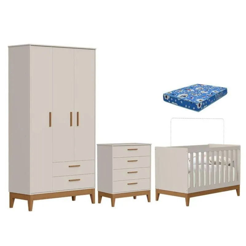 Quarto De Bebê Flip Com Cômoda Gaveteiro Areia Acetinado Com Colchão Ortobom - Reller