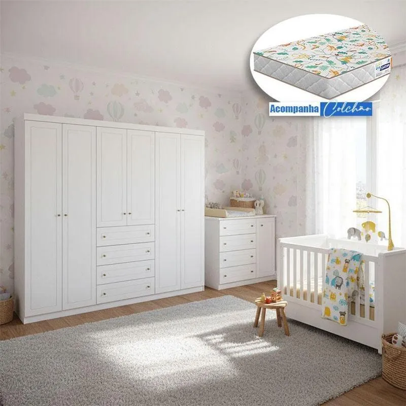 Quarto Infantil Americano 6 Portas Ambiente Com Berço Tutto New Branco Fosco E Colchão Gazin - Henn
