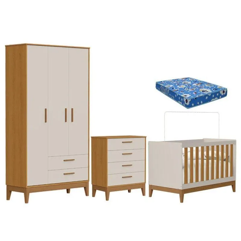 Quarto De Bebê Flip Com Cômoda Gaveteiro Areia Acetinado Savana Com Colchão Ortobom - Reller