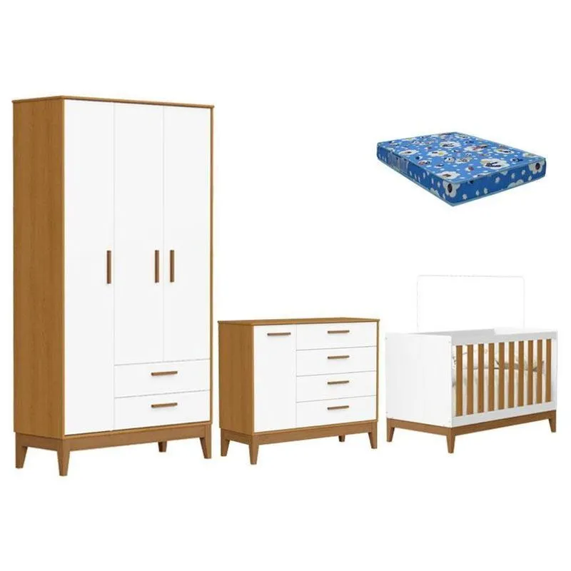 Quarto De Bebê Flip Branco Acetinado Savana Com Colchão Ortobom - Reller