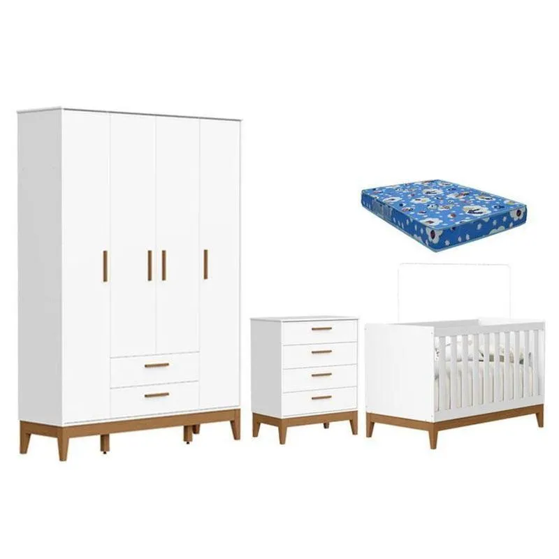 Quarto De Bebê Flip Guarda Roupa 4 Portas Branco Acetinado Com Colchão Ortobom - Reller