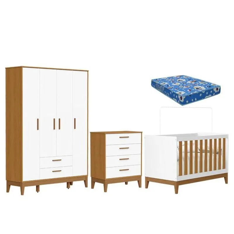 Quarto De Bebê Flip Guarda Roupa 4 Portas Branco Acetinado Savana Com Colchão Ortobom - Reller