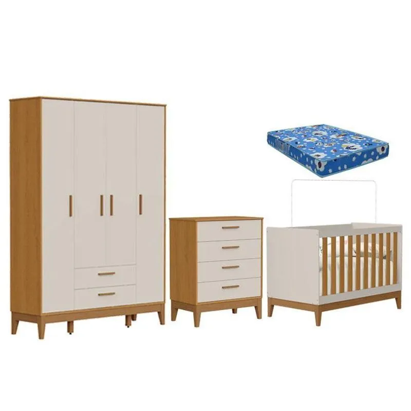 Quarto De Bebê Flip Guarda Roupa 4 Portas Areia Acetinado Savana Com Colchão Ortobom - Reller