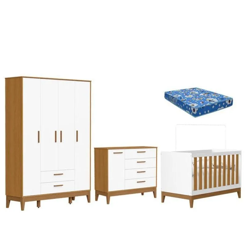 Quarto De Bebê Flip Com Cômoda Sapateira Branco Acetinado Savana Com Colchão Ortobom - Reller