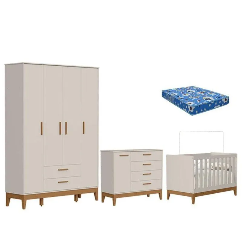 Quarto De Bebê Flip Com Cômoda Sapateira Areia Acetinado Com Colchão Ortobom - Reller